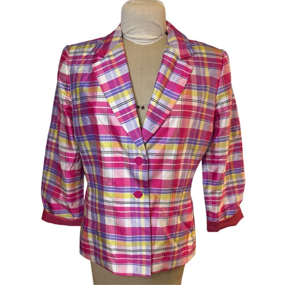 Kasper Silk 2-Button Blazer Sz. 12 Pockets Bright Plaid Lined - Picture 4 of 9